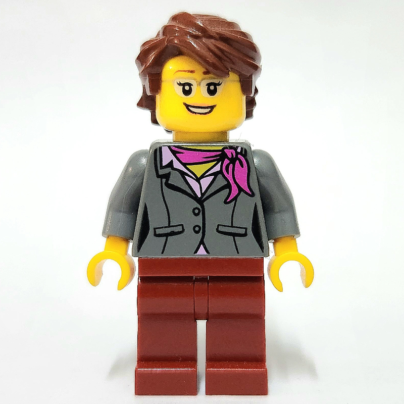 Torse gris bleuâtre foncé, jambes rouge foncé, cheveux brun rougeâtre (Dark Bluish Grey Torso, Dark Red Legs, Reddish Brown Hair)
