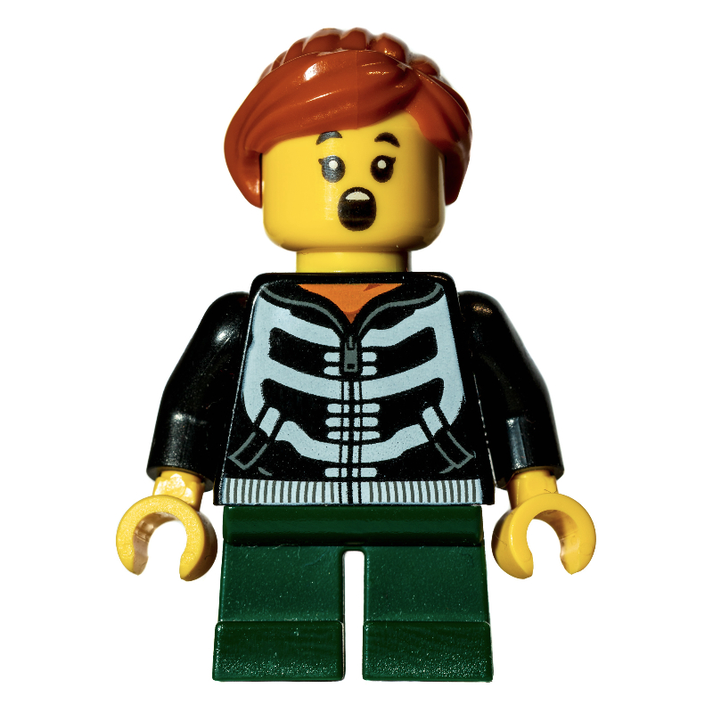 Kid - torse noir, jambes vert foncé, cheveux orange foncé (Kid - Black Torso, Dark Green Legs, Dark Orange Hair)