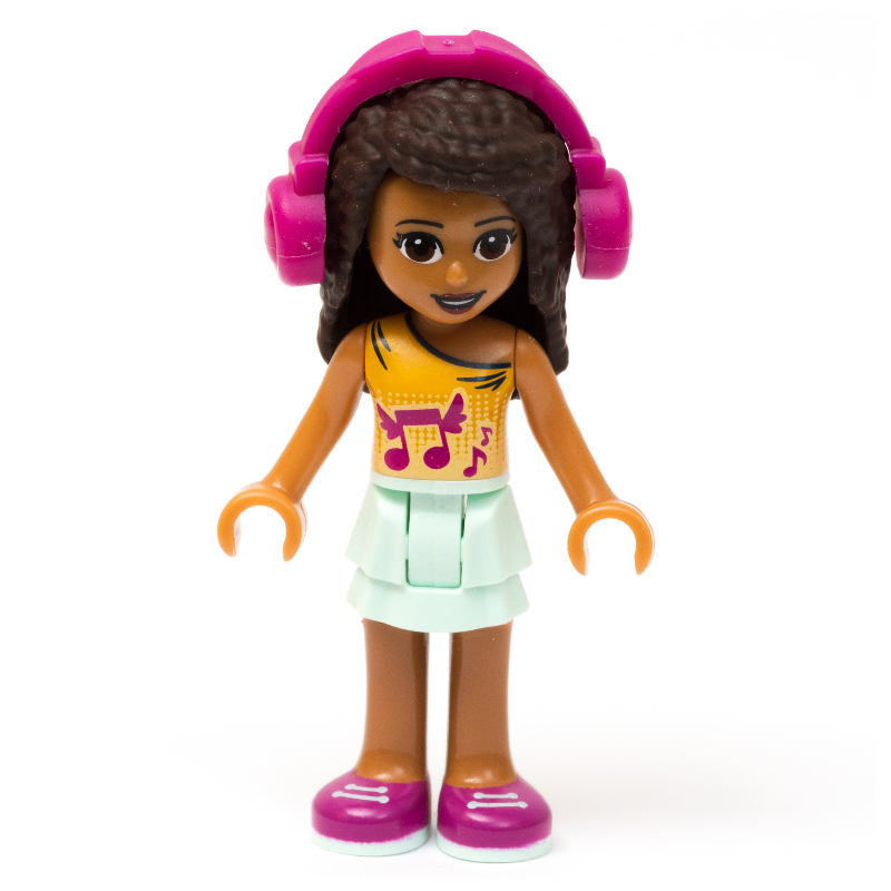 Andrea — haut orange clair vif, jupe vert d’eau clair, casque magenta (Andrea - Bright Light Orange Top, Light Aqua Skirt, Magenta Headphone)