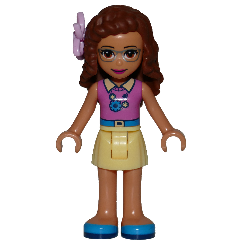Olivia — haut magenta, jupe jaune clair vif, fleur rose (Olivia - Magenta Top, Bright Light Yellow Skirt, Pink Flower)