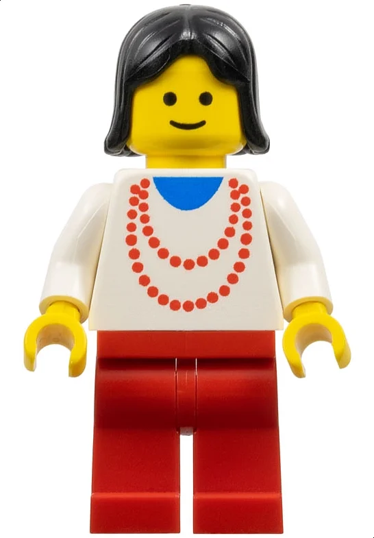 Femme, haut blanc avec collier rouge, jambes rouges, cheveux noirs (3626a tête) (Woman, White Top with Red Necklace, Red Legs, Black Hair (3626a Head))