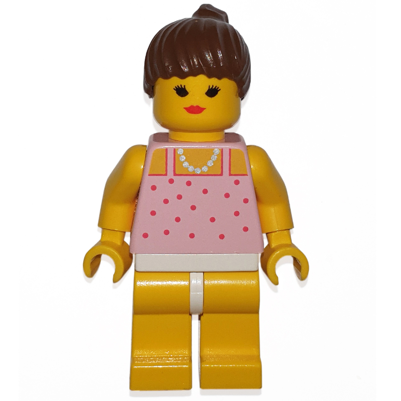 Femme, haut rose avec des taches, jambes jaunes, cheveux bruns - bouche fermée (Woman, Pink Top with Spots, Yellow Legs, Brown Hair - Closed Mouth)