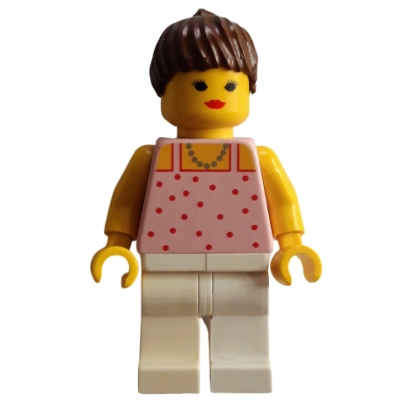 Femme, haut rose avec des taches, jambes blanches, cheveux bruns - bouche fermée (Woman, Pink Top with Spots, White Legs, Brown Hair - Closed Mouth)