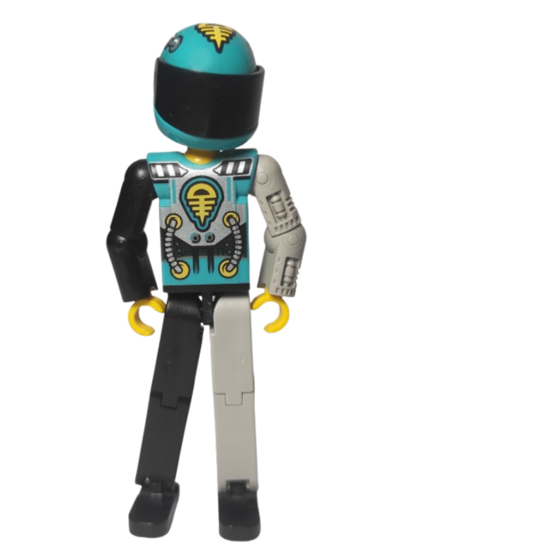 Figurine Technic jambes noires/gris clair, torse turquoise foncé avec motif imprimé jaune, noir, argent, bras gauche mécanique gris clair - casque imprimé (Technic Figure Black/Light Gray Legs, Dark Turquoise Torso with Yellow, Black, Silver Print, Light Gray Mechanical Left Arm - Printed Helmet)