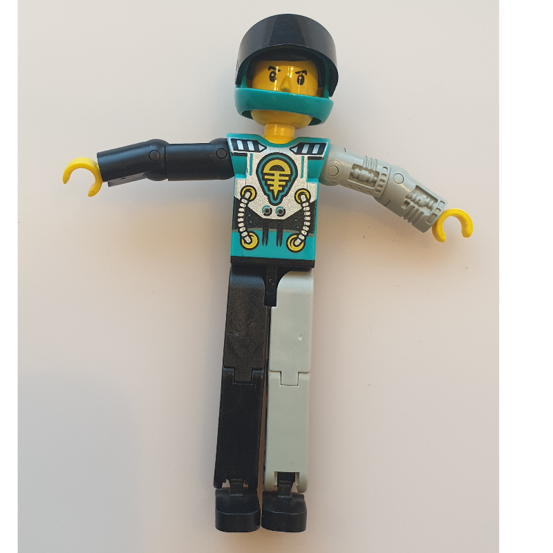 Figurine Technic jambes noires/gris clair, torse turquoise foncé avec motif imprimé jaune, noir, argent, bras gauche mécanique gris clair - casque turquoise foncé (Technic Figure Black/Light Gray Legs, Dark Turquoise Torso with Yellow, Black, Silver Print, Light Gray Mechanical Left Arm - Dark Turquoise Helmet)