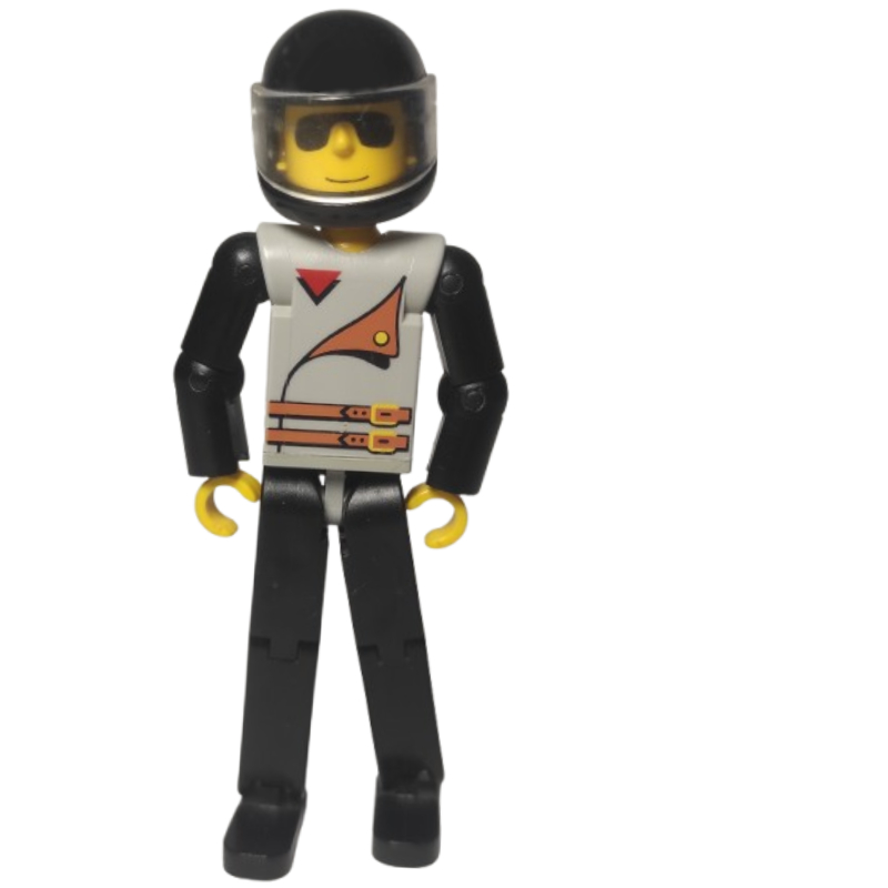 Figurine Technic jambes noires, haut gris clair avec 2 ceintures brunes, bras noirs - casque noir (Technic Figure Black Legs, Light Gray Top with 2 Brown Belts, Black Arms - Black Helmet)