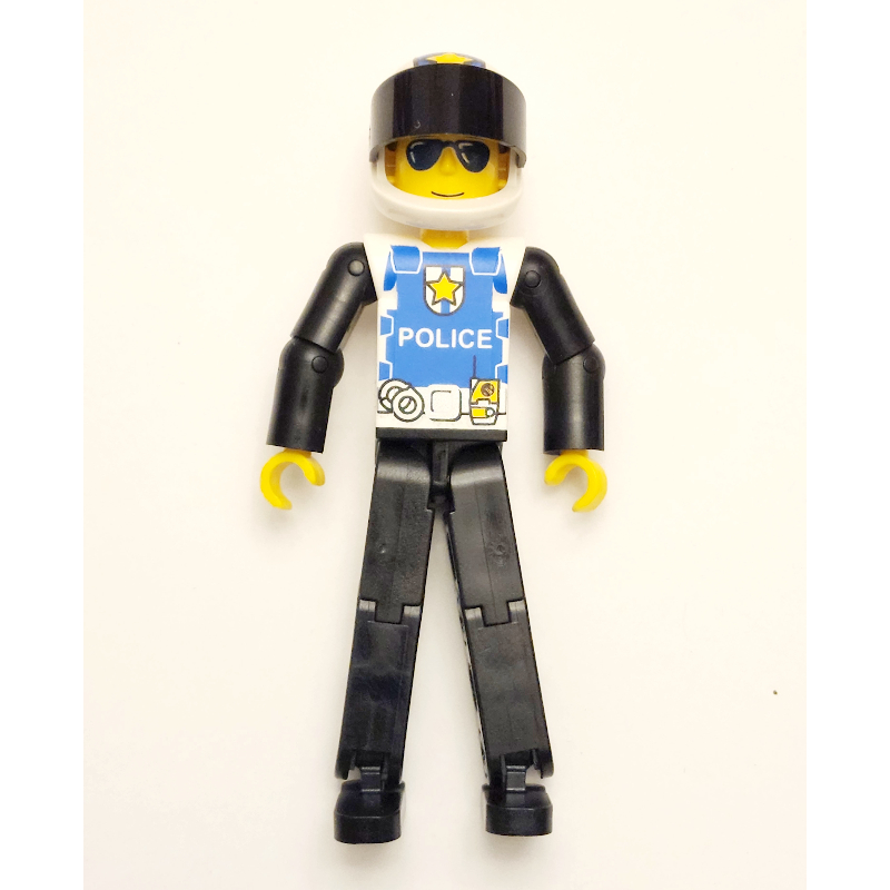 Figurine Technic jambes noires, haut blanc avec logo de la police, bras noirs - casque blanc (Technic Figure Black Legs, White Top with Police Logo, Black Arms - White Helmet)