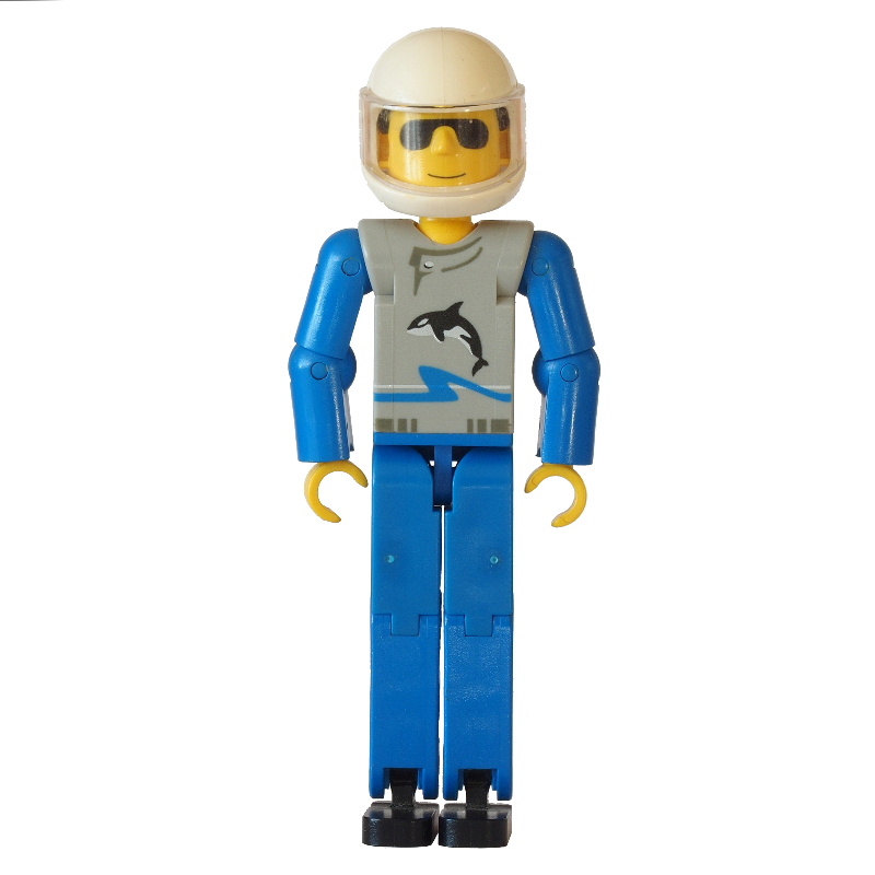Figurine Technic jambes bleues, haut gris clair avec motif imprimé vague et orque, bras bleus - casque blanc (Technic Figure Blue Legs, Light Gray Top with Wave and Orca Print, Blue Arms - White Helmet)
