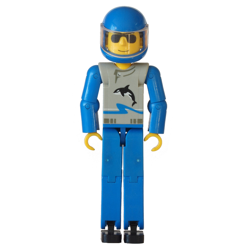 Figurine Technic jambes bleues, haut gris clair avec motif imprimé vague et orque, bras bleus - casque bleu (Technic Figure Blue Legs, Light Gray Top with Wave and Orca Print, Blue Arms - Blue Helmet)