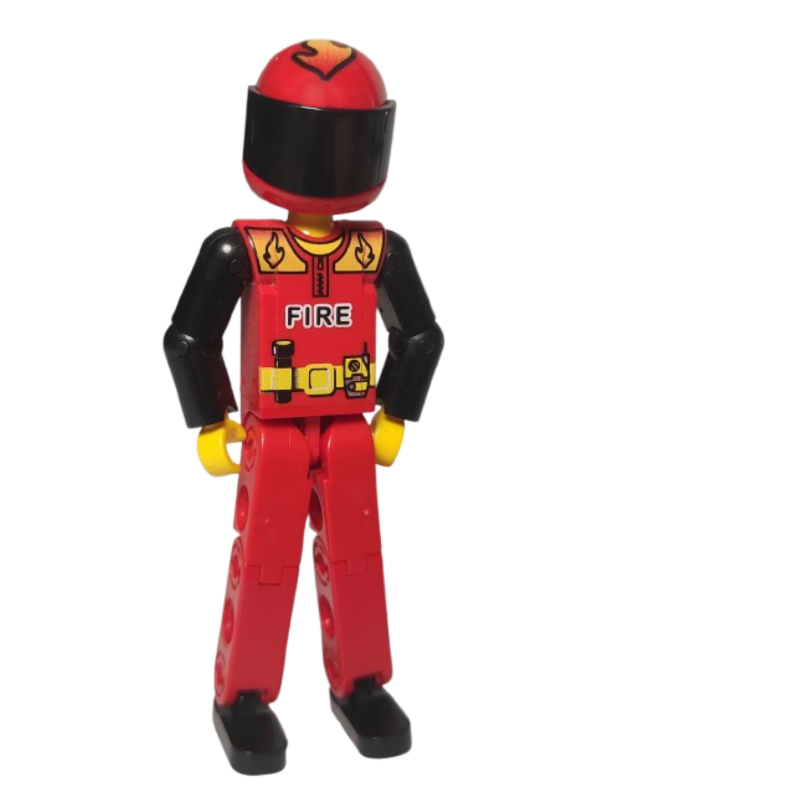 Figurine Technic jambes rouges, haut rouge avec motif imprimé feu, bras noirs - casque rouge (Technic Figure Red Legs, Red Top with Fire Print, Black Arms - Red Helmet)