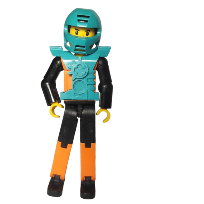 Figurine Technic jambes orange/noir, torse orange avec motif imprimé argent, bras noirs, cheveux noirs - casque turquoise foncé (Technic Figure Orange/Black Legs, Orange Torso with Silver Print, Black Arms, Black Hair - Dark Turquoise Helmet)