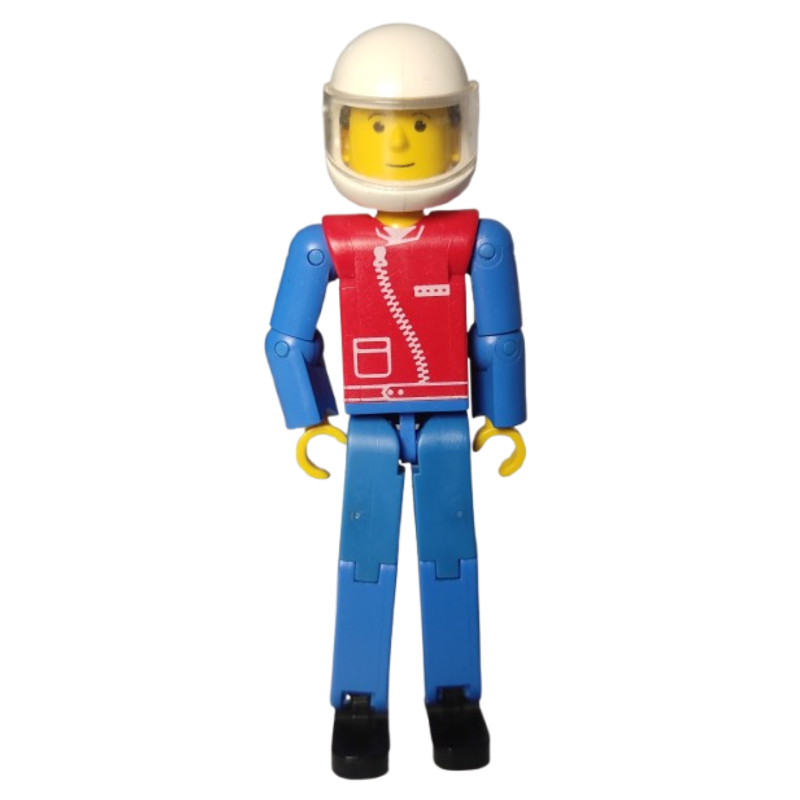 Figurine Technic jambes bleues, haut rouge avec zip, bras bleus, cheveux noirs - casque blanc (Technic Figure Blue Legs, Red Top with Zip, Blue Arms, Black Hair - White Helmet)