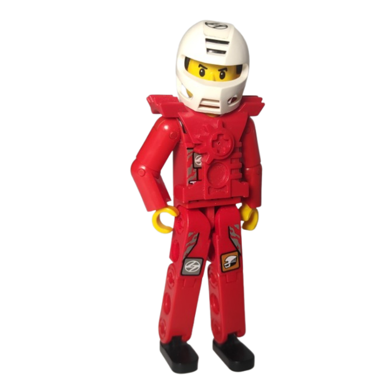 Figurine Technic jambes rouges, haut rouge avec logo Technic et cheveux noirs - casque blanc (Technic Figure Red Legs, Red Top with Technic Logo and Black Hair - White Helmet)