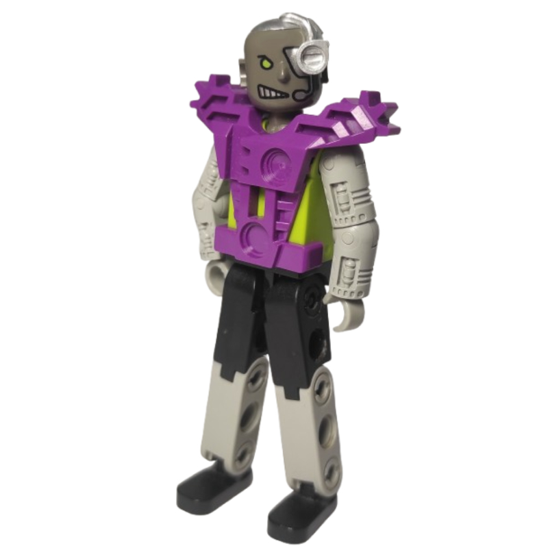 Figurine Technic cyborg, jambes noires, armure pourpre, bras mécaniques, tête gris foncé, oculaire cyborg - gilet violet (Technic Figure Cyborg, Black Legs, Purple Armour, Mechanical Arms, Dark Gray Head, Cyborg Eyepiece - Purple Vest)