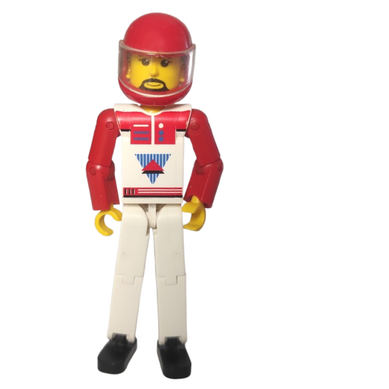 Figurine Technic jambes blanches, haut blanc avec gilet rouge, bras rouges, cheveux noirs - casque rouge (Technic Figure White Legs, White Top with Red Vest, Red Arms, Black Hair - Red Helmet)