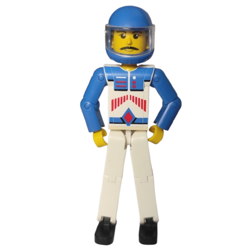 Figurine Technic jambes blanches, haut blanc avec motif imprimé de flèches rouges, bras bleus - casque bleu (Technic Figure White Legs, White Top with Red Arrow Stripes Print, Blue Arms - Blue Helmet)
