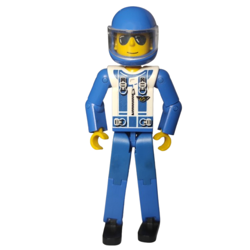 Figurine Technic jambes bleues, haut blanc avec zip & baudrier motif imprimé, bras bleus - casque bleu (Technic Figure Blue Legs, White Top with Zip & Shoulder Harness Print, Blue Arms - Blue Helmet)