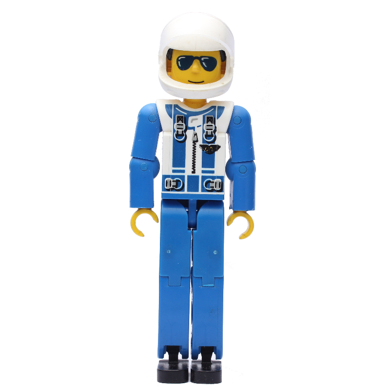 Figurine Technic jambes bleues, haut blanc avec zip & baudrier motif imprimé, bras bleus - casque blanc (Technic Figure Blue Legs, White Top with Zip & Shoulder Harness Print, Blue Arms - White Helmet)