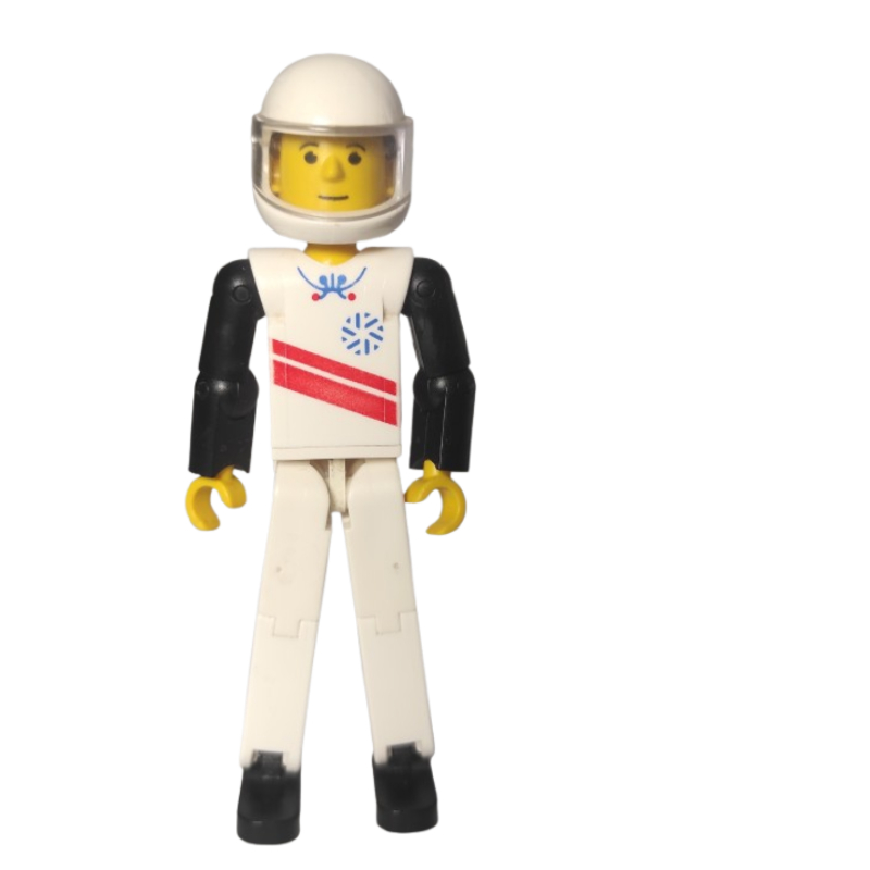 Figurine Technic jambes blanches, motif : haut blanc avec rayures rouges, bras noirs [skieur] - casque blanc (Technic Figure White Legs, White Top with Red Stripes Print, Black Arms [Skier] - White Helmet)