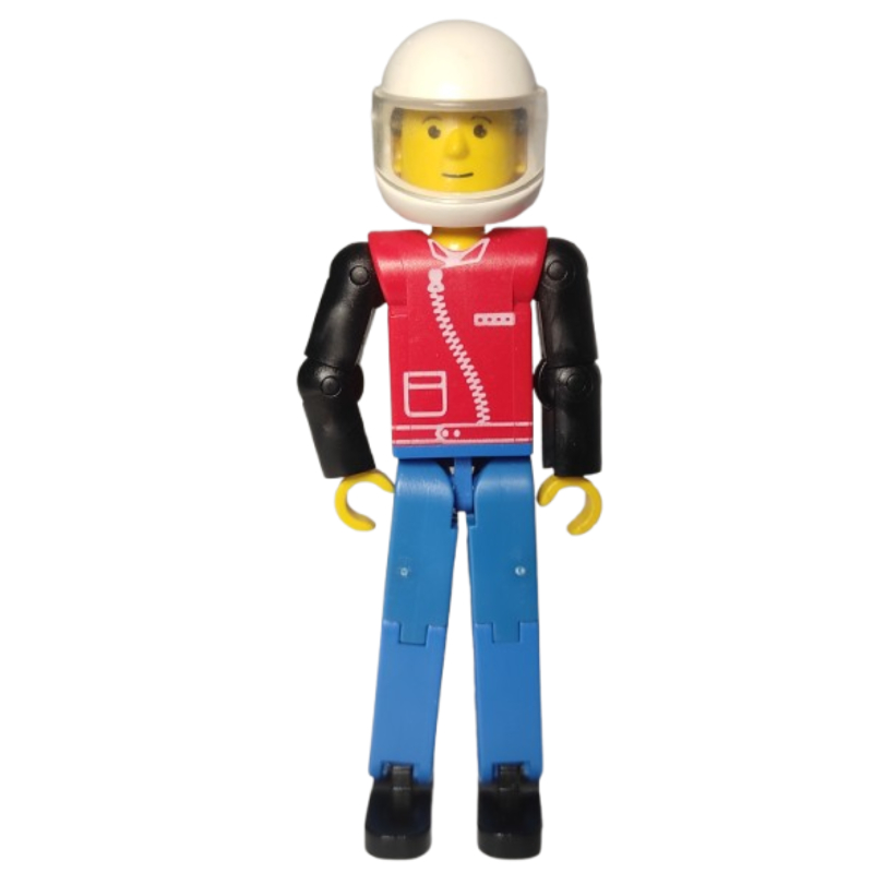 Figurine Technic jambes bleues, haut rouge avec motif imprimé à glissière, bras noirs - casque blanc (Technic Figure Blue Legs, Red Top with Zipper Print, Black Arms - White Helmet)