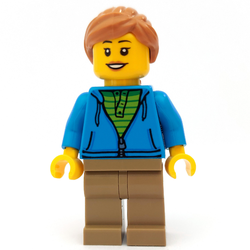 Femme, sweat à capuche ouvert bleu azur sur chemise vert citron, jambes beige foncé, cheveux nougat moyen, aide auditive (Woman, Open Dark Azure Hoodie over Lime Shirt, Dark Tan Legs, Medium Nougat Hair, Hearing Aid)
