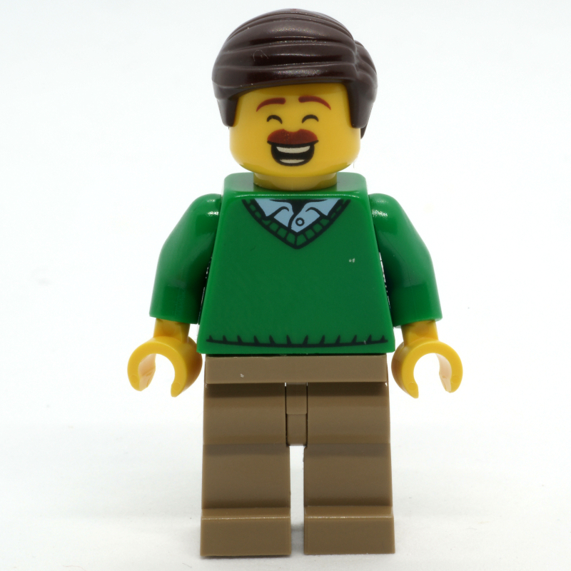 Homme, pull vert, jambes beige foncé, cheveux brun foncé, moustache (Man, Green Sweater, Dark Tan Legs, Dark Brown Hair, Moustache)