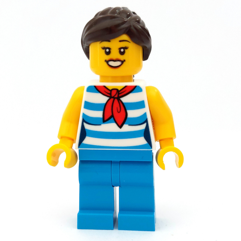 Femme, chemise rayée bleu azur foncé, jambes azur foncé, cheveux brun foncé (Woman, Dark Azure Striped Shirt, Dark Azure Legs, Dark Brown Hair)