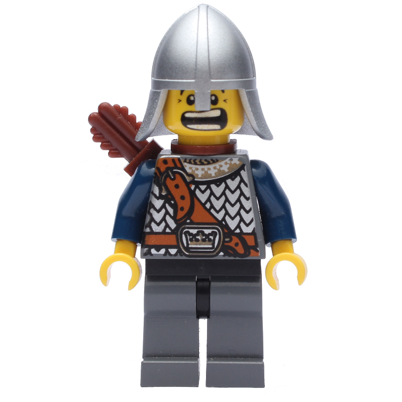 Chevalier, archer avec casque métallique argenté, jambes gris bleuté foncé et carquois (Knight, Archer with Metallic Silver Helmet, Dark Bluish Grey Legs, and Quiver)