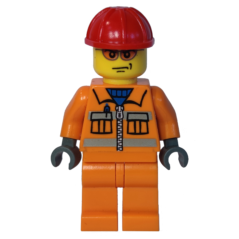 Travailleur - torse orange, jambes orange, casque rouge, lunettes (Worker - Orange Torso, Orange Legs, Red Helmet, Glasses)