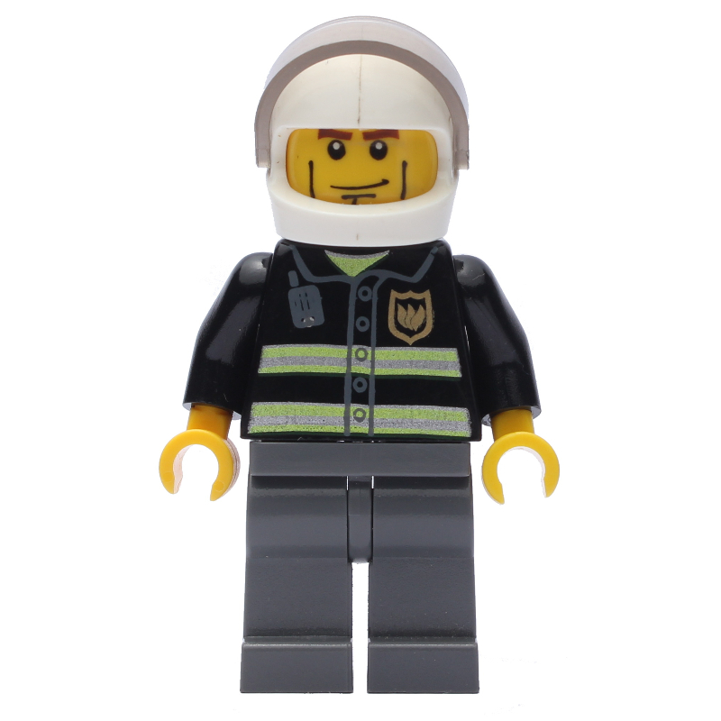 Pompier, veste de feu noir avec rayures réfléchissantes, radio et badge, casque blanc avec visière, lignes de joues, jambes gris bleuâtre foncé (Fireman, Black Fire Jacket with Reflective Stripes, Radio, and Badge, White Helmet with Visor, Cheek Lines, Dark BLuish Grey Legs)