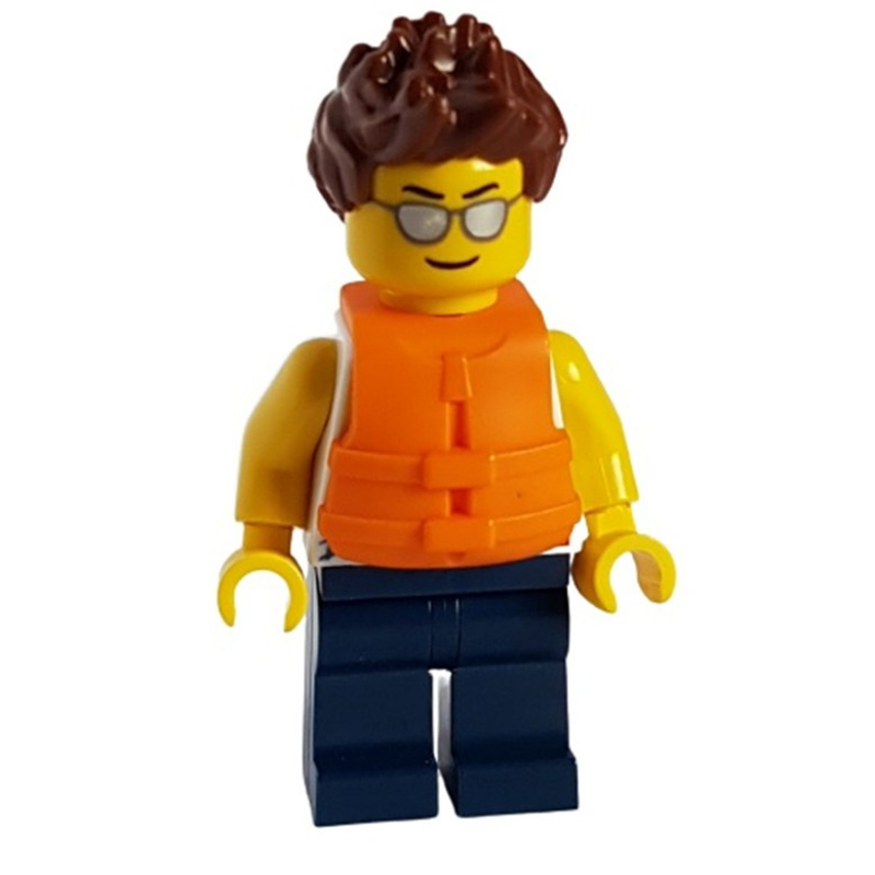 Torse blanc, jambes bleu foncé, cheveux brun rougeâtre, gilet de sauvetage (White Torso, Dark Blue Legs, Reddish Brown Hair, Life Jacket)