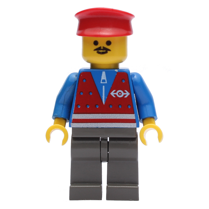 Train worker - torse bleu, jambes gris foncé, chapeau rouge (Train Worker - Blue Torso, Dark Gray Legs, Red Hat)