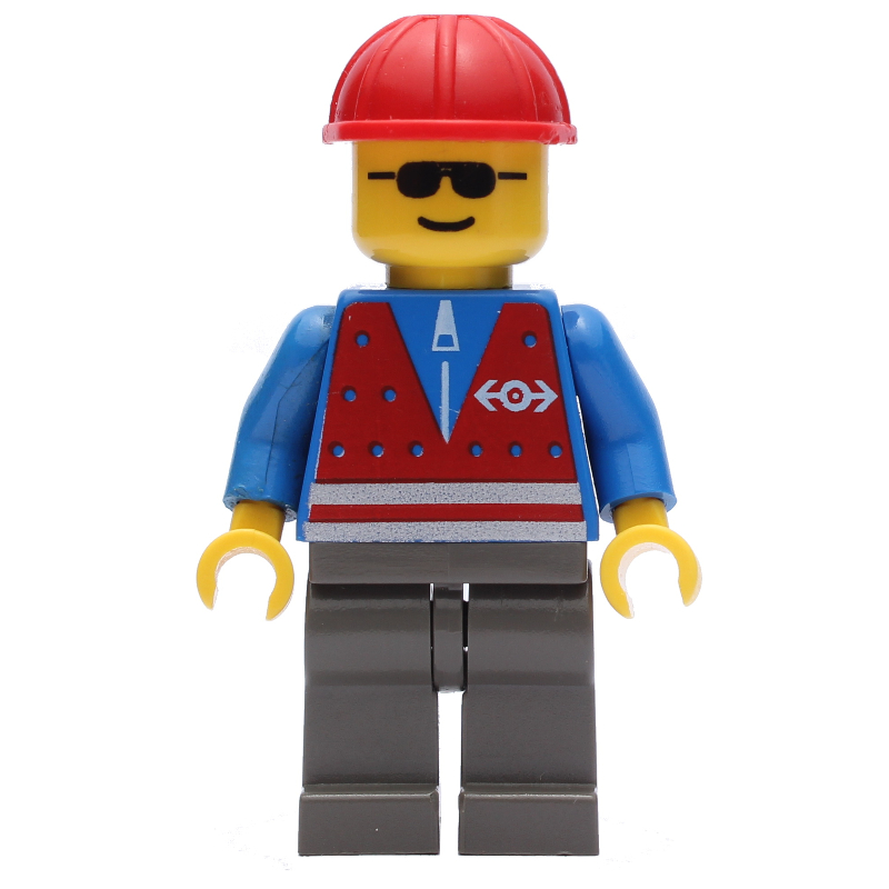 Travailleur du train - torse bleu, jambes gris foncé, casque rouge (Train Worker - Blue Torso, Dark Gray Legs, Red Helmet)