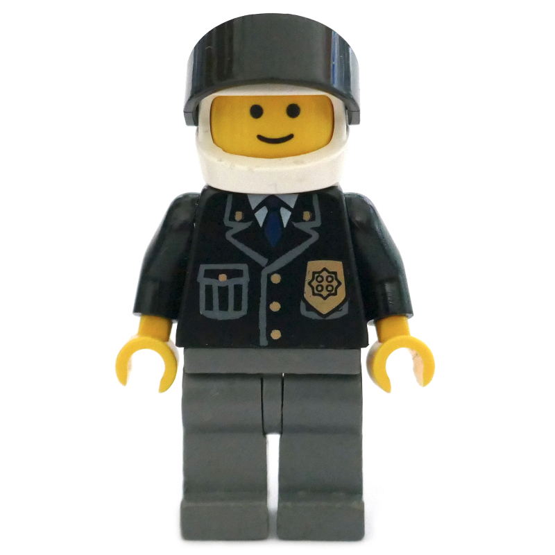 Police - torse noir, jambes gris bleuté foncé, casque blanc, visière noire (Police - Black Torso, Dark Bluish Grey Legs, White Helmet, Black Visor)
