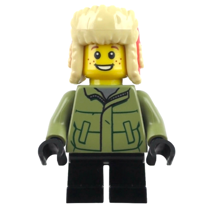 Garçon, veste vert olive, jambes noires, chapeau ushanka rouge (Boy, Olive Green Jacket, Black Legs, Red Ushanka Hat)