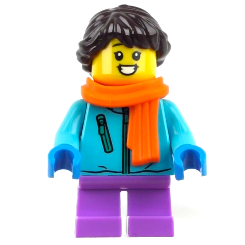 Fille, veste azur moyen, jambes de lavande moyenne, écharpe orange, cheveux brun foncé (Girl, Medium Azure Jacket, Medium Lavender Legs, Orange Scarf, Dark Brown Hair)