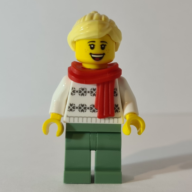 Torse blanc, jambes vert sable, cheveux jaune clair vif, écharpe rouge (White Torso, Sand Green Legs, Bright Light Yellow Hair, Red Scarf)