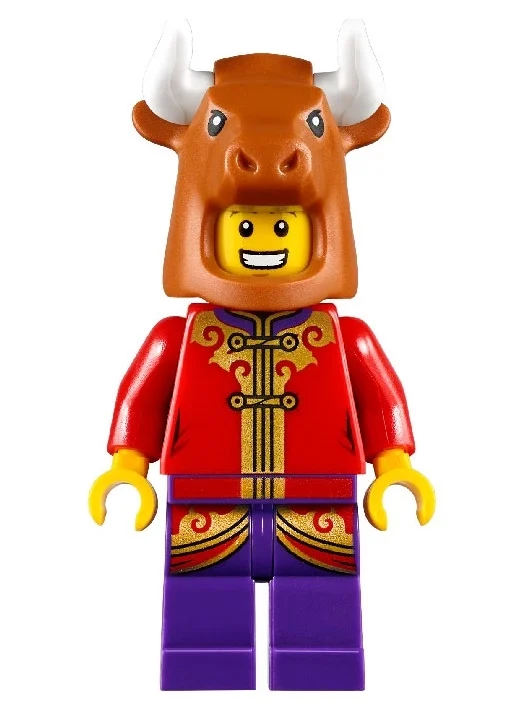 Torse rouge, jambes violet foncé, masque de taureau brun moyen, cornes blanches (Red Torso, Dark Purple Legs, Medium Brown Bull Mask, White Horns)