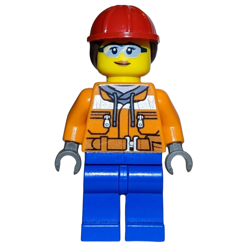 Ouvrier de chantier, femme, veste de sécurité orange, jambes bleues, queue de cheval avec casque de chantier rouge (Construction Worker, Woman, Orange Safety Jacket, Blue Legs, Ponytail with Red Hard Hat)