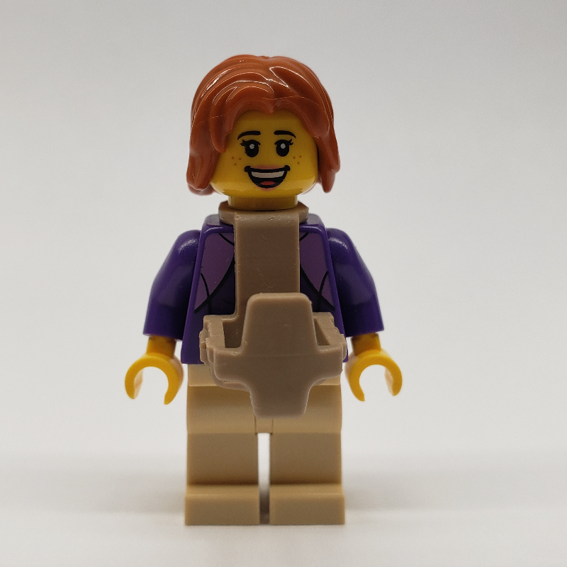 Torse pourpre foncé, jambes beiges, cheveux orange foncé, porte-bébé (Dark Purple Torso, Tan Legs, Dark Orange Hair, Baby Carrier)