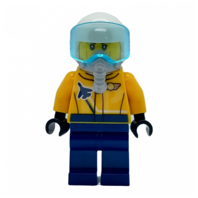 Pilote, veste orange, jambes bleu foncé, casque blanc avec visière et appareil respiratoire (Pilot, Orange Jacket, Dark Blue Legs, White Helmet with Visor and Breathing Apparatus)