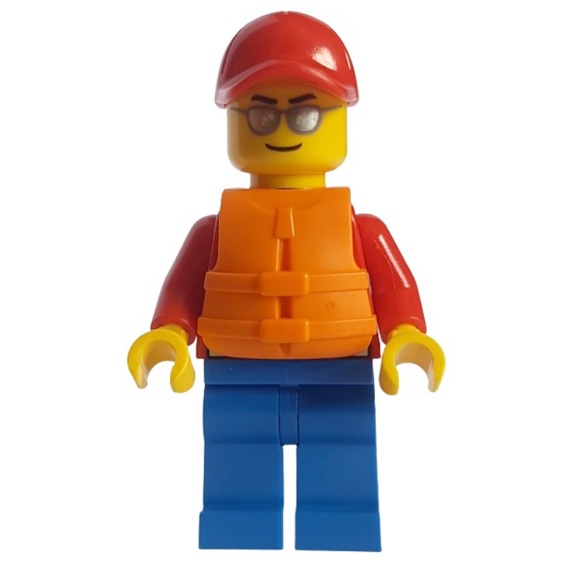 Sauveteur, veste rouge, jambes bleues, casquette rouge, gilet de sauvetage orange (Lifeguard, Red Jacket, Blue Legs, Red Cap, Orange Life Vest)
