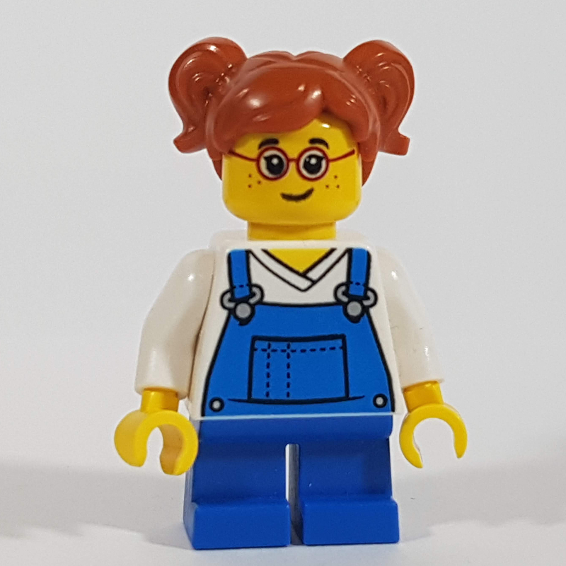 Fille, salopette bleue, jambes courtes, lunettes (Girl, Blue Overalls, Short Legs, Glasses)
