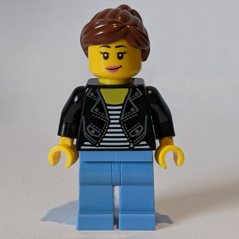 Femme, veste noire, jambes bleu moyen, cheveux brun rougeâtre (Woman, Black Jacket, Medium Blue Legs, Reddish Brown Hair)