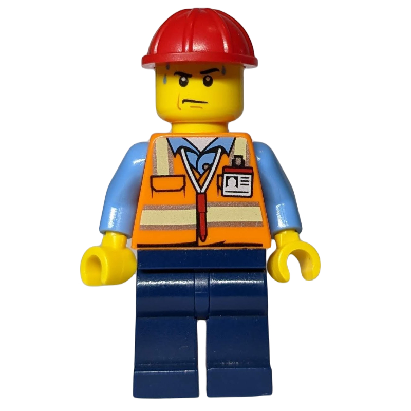 Homme, gilet de sécurité orange, jambes bleu foncé, casque de chantier rouge, gouttes de sueur (Man, Orange Safety Vest, Dark Blue Legs, Red Hard Hat, Sweat Drops)