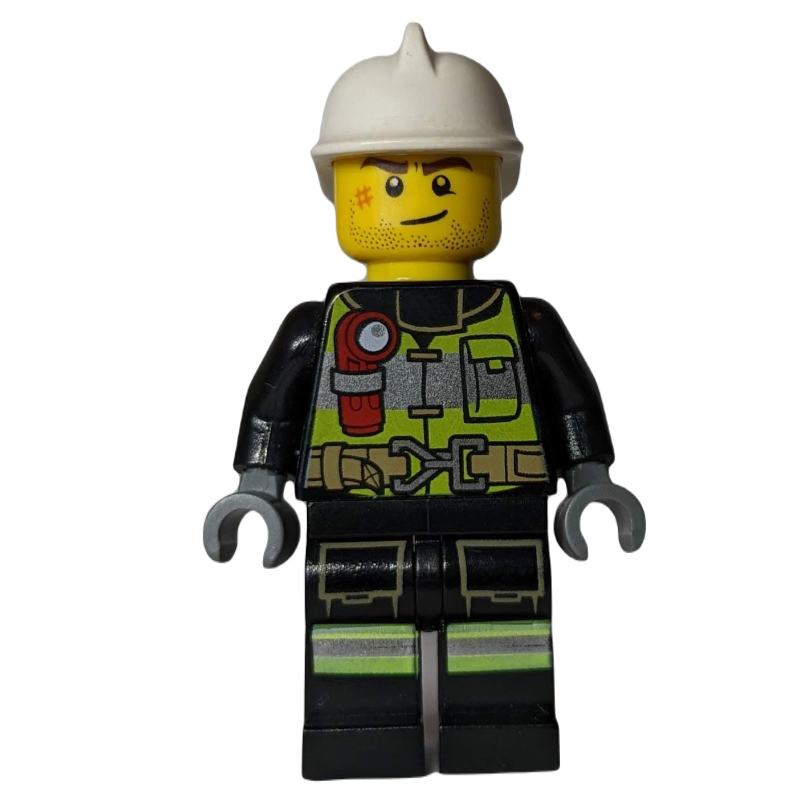 Pompier, combinaison noire avec gilet de sécurité à la vert citron et torche, casque blanc (Fireman, Black Firesuit with Lime Safety Vest and Torch, White Helmet)