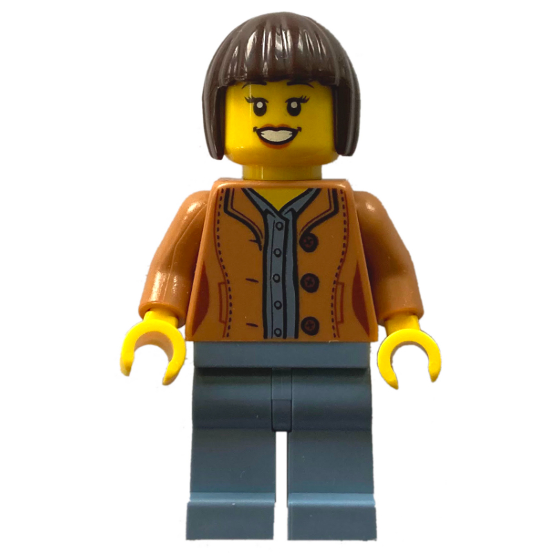 Femme, veste nougat moyen, jambes bleu sable, cheveux brun foncé (Woman, Medium Nougat Jacket, Sand Blue Legs, Dark Brown Hair)