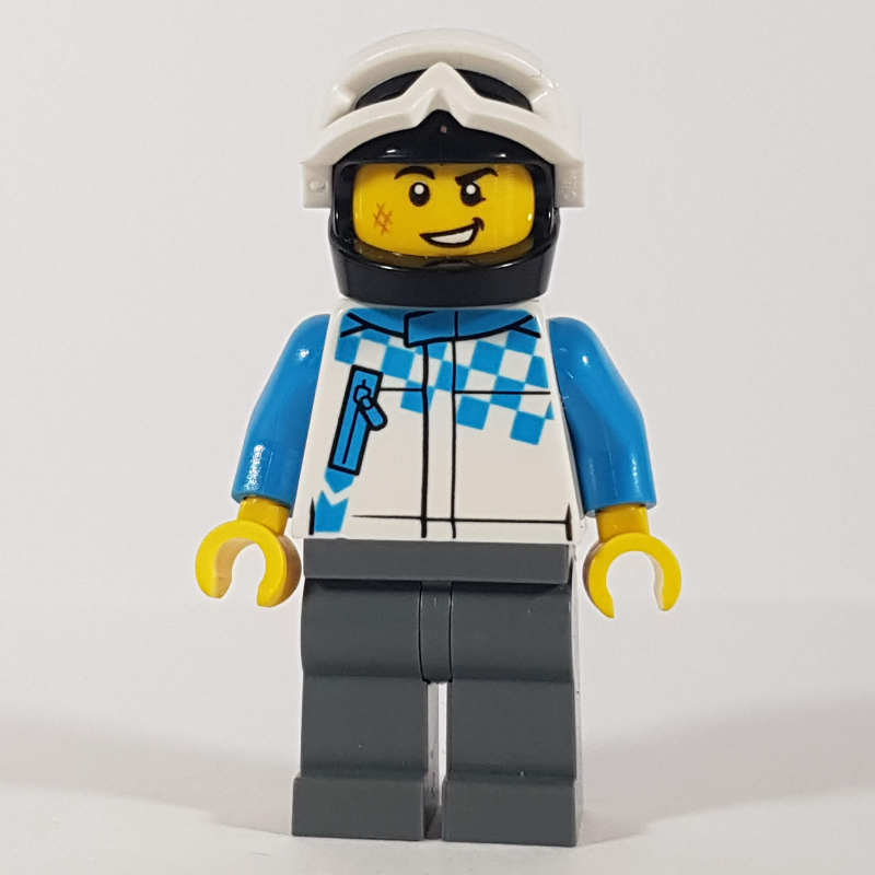 Homme, veste de course, casque noir avec des lunettes de neige blanches (Man, Racing Jacket, Black Helmet with White Snow Goggles)