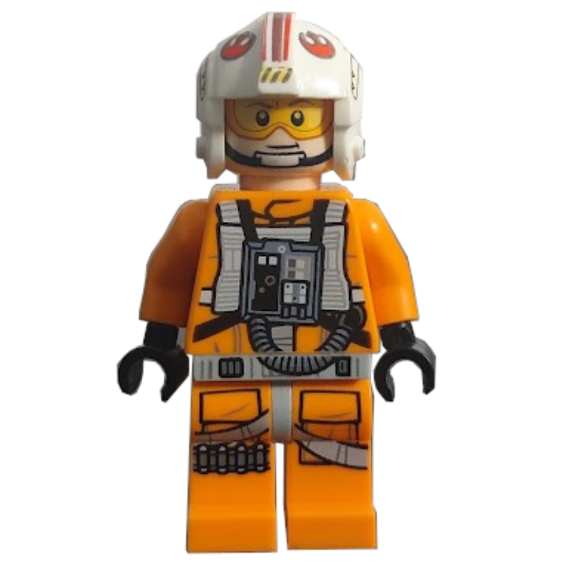 Luke Skywalker, tenue de pilote rebelle orange, hanches gris bleuté clair, mains noires, visière imprimée, panneau de poitrine détaillé (Luke Skywalker, Orange Rebel Pilot Outfit, Light Bluish Gray Hips, Black Hands, Printed Visor, Detailed Chest Panel)