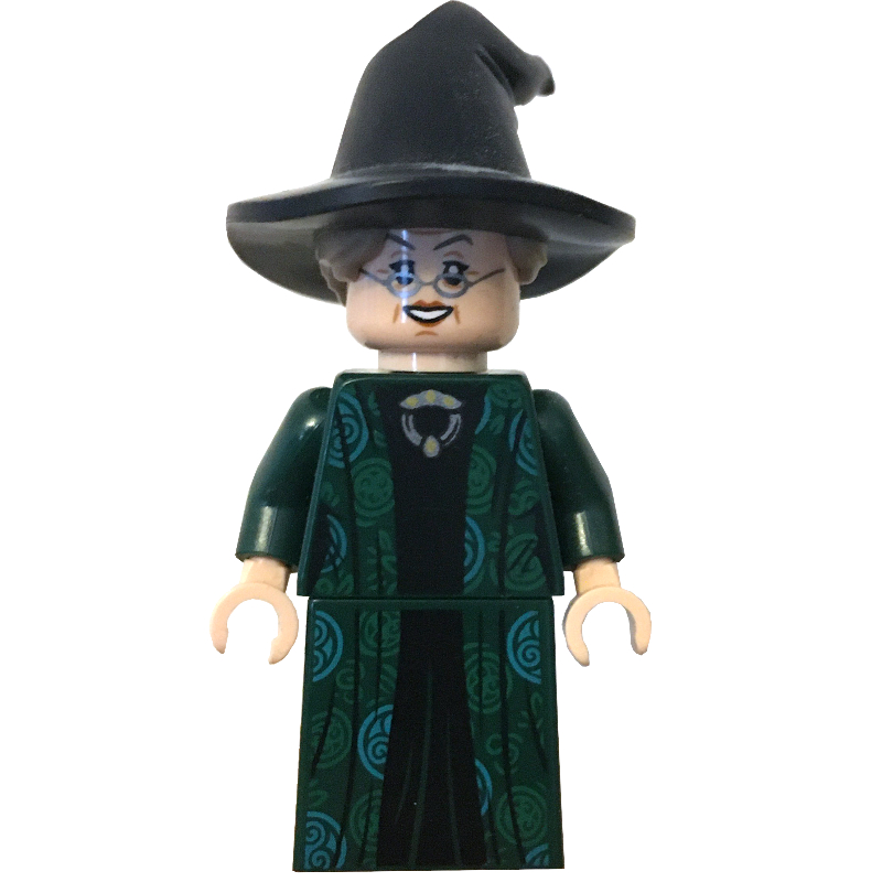 Professeur Minerva McGonagall, robe vert foncé, chapeau noir avec cheveux beige foncé, symboles de cercle azur (Professor Minerva McGonagall, Dark Green Robe, Black Hat with Dark Tan Hair, Azure Circle Symbols)
